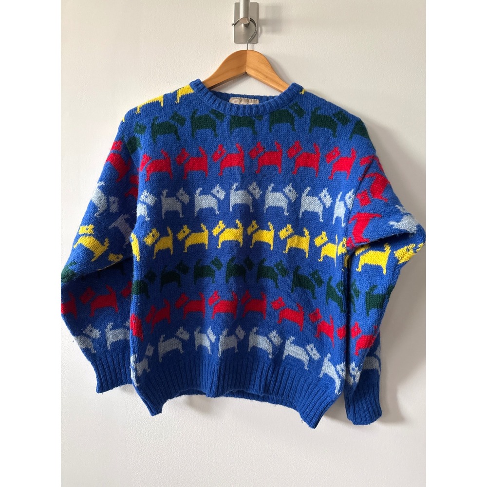 Pitlochry Shetland Wool Sweater Women 36 / M Blue Scottie Dog Intarsia Scotland